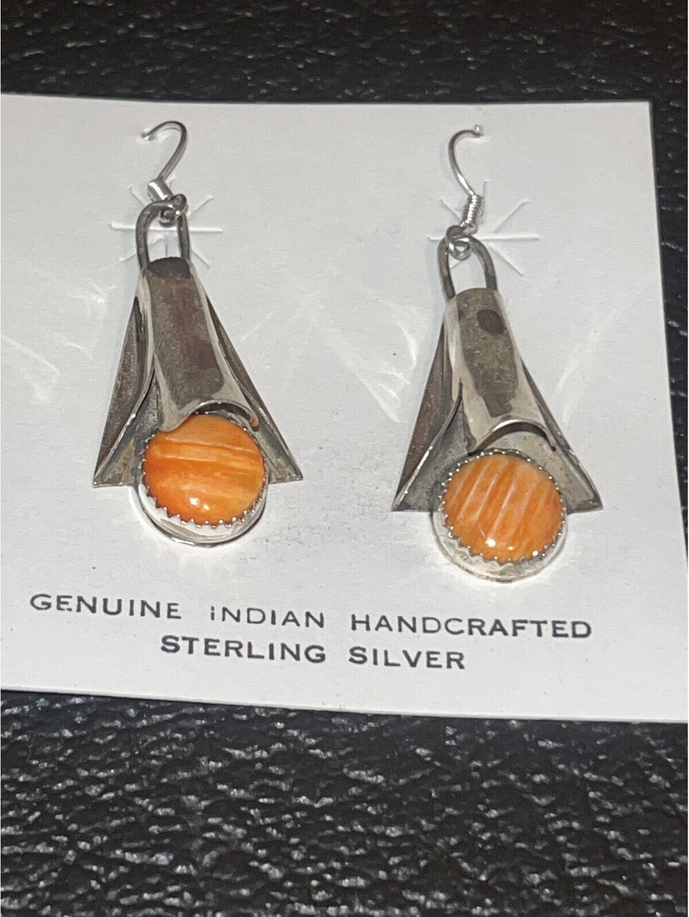 Navajo sterling silver orange spiny oyster squash blossom earrings -Louise